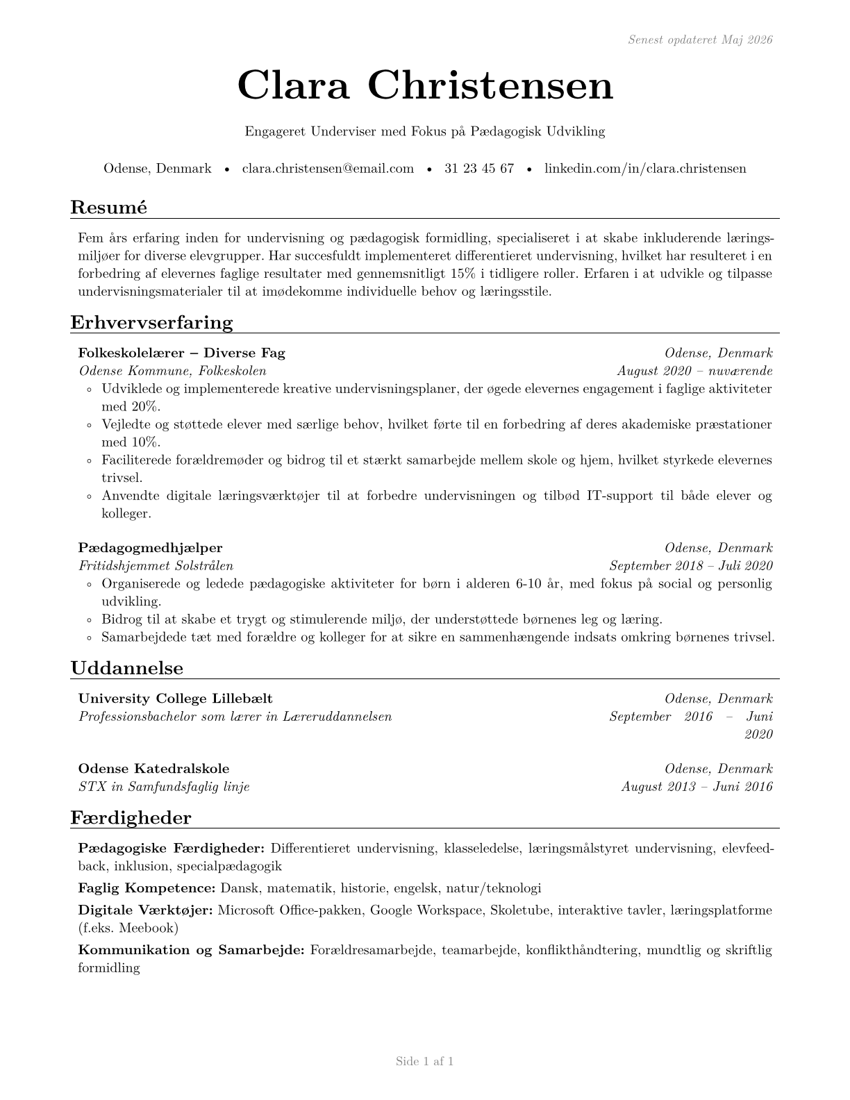 Teachers and Instructors, All Other CV in Danish — page 1
