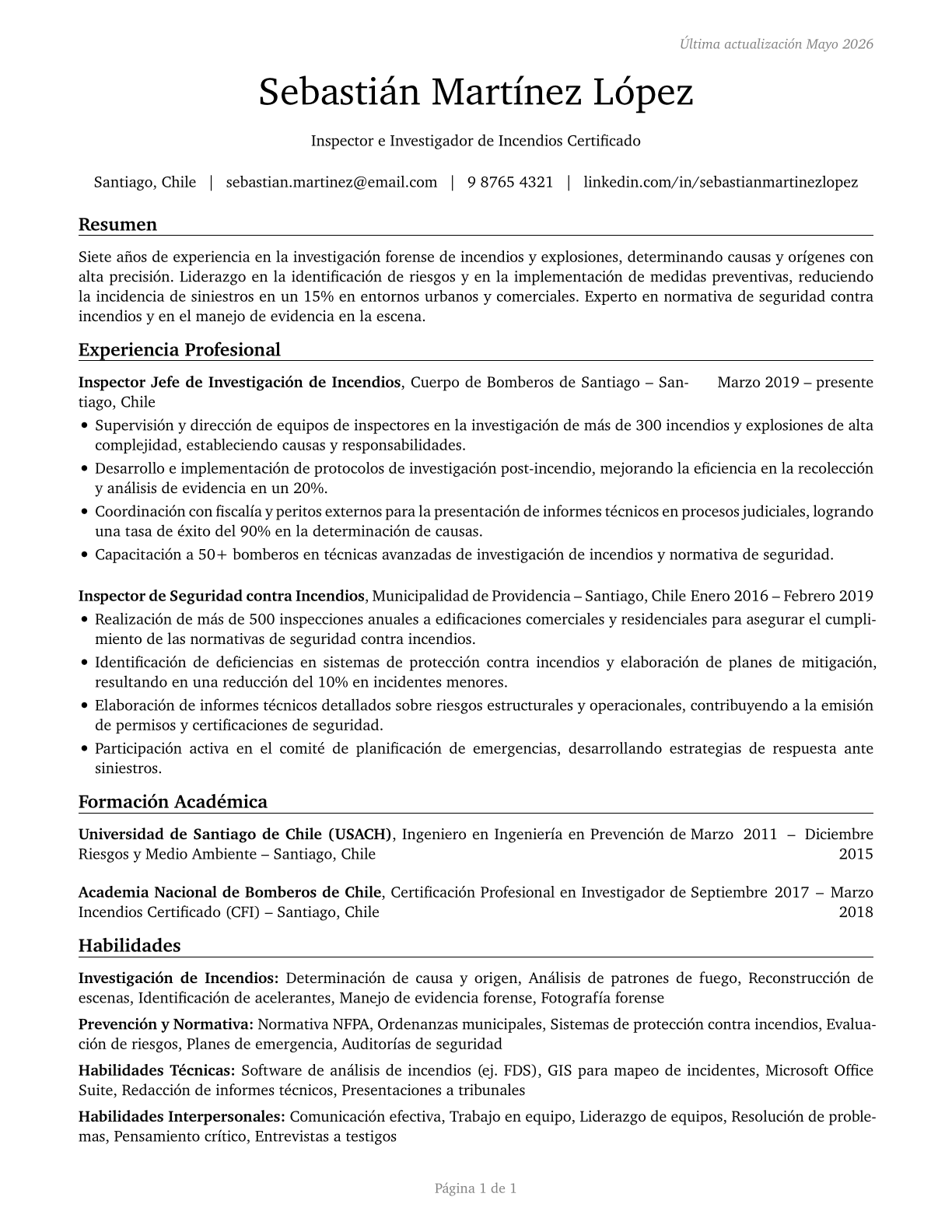 Fire Inspectors and Investigators CV in Spanish — page 1
