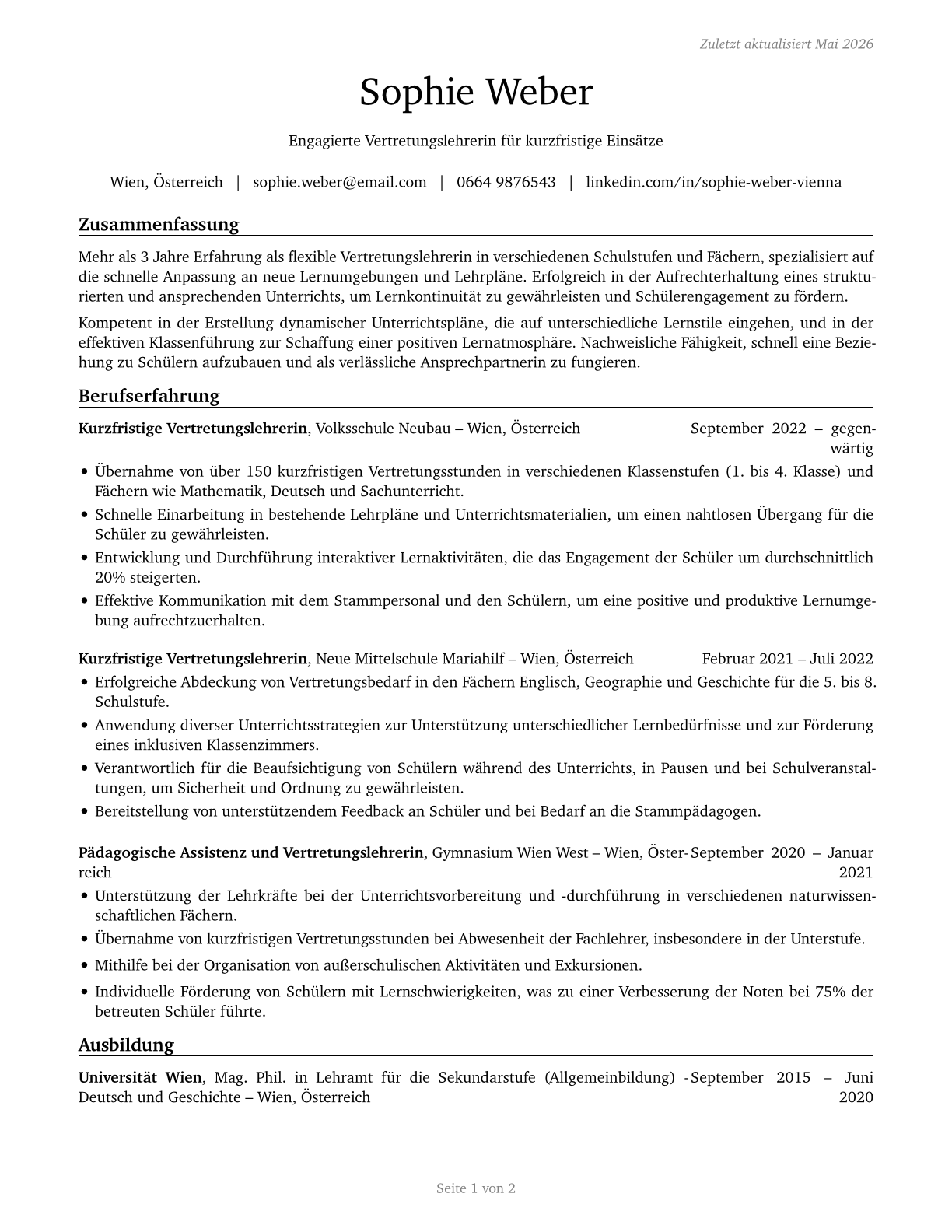 Substitute Teachers, Short-Term CV in German — page 1