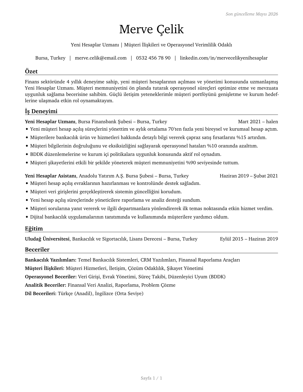 New Accounts Clerks CV in Turkish — page 1