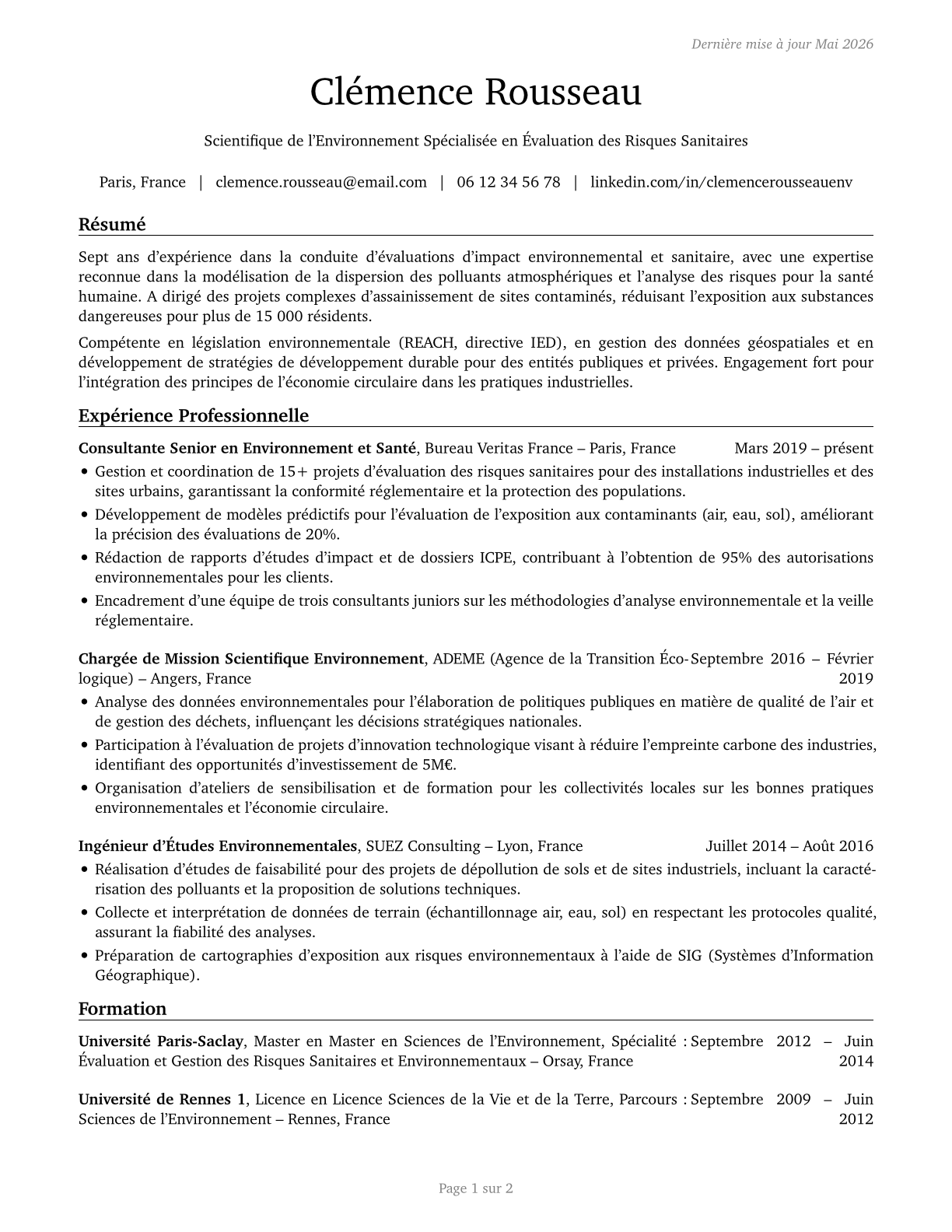 Environmental Scientists and Specialists, Including Health CV in French — page 1