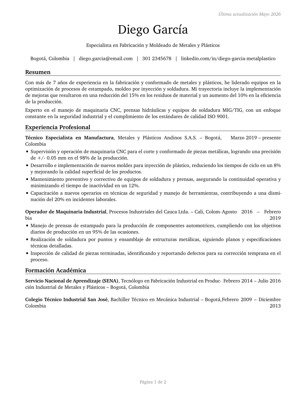 Metal Workers and Plastic Workers, All Other CV in Spanish — page 1