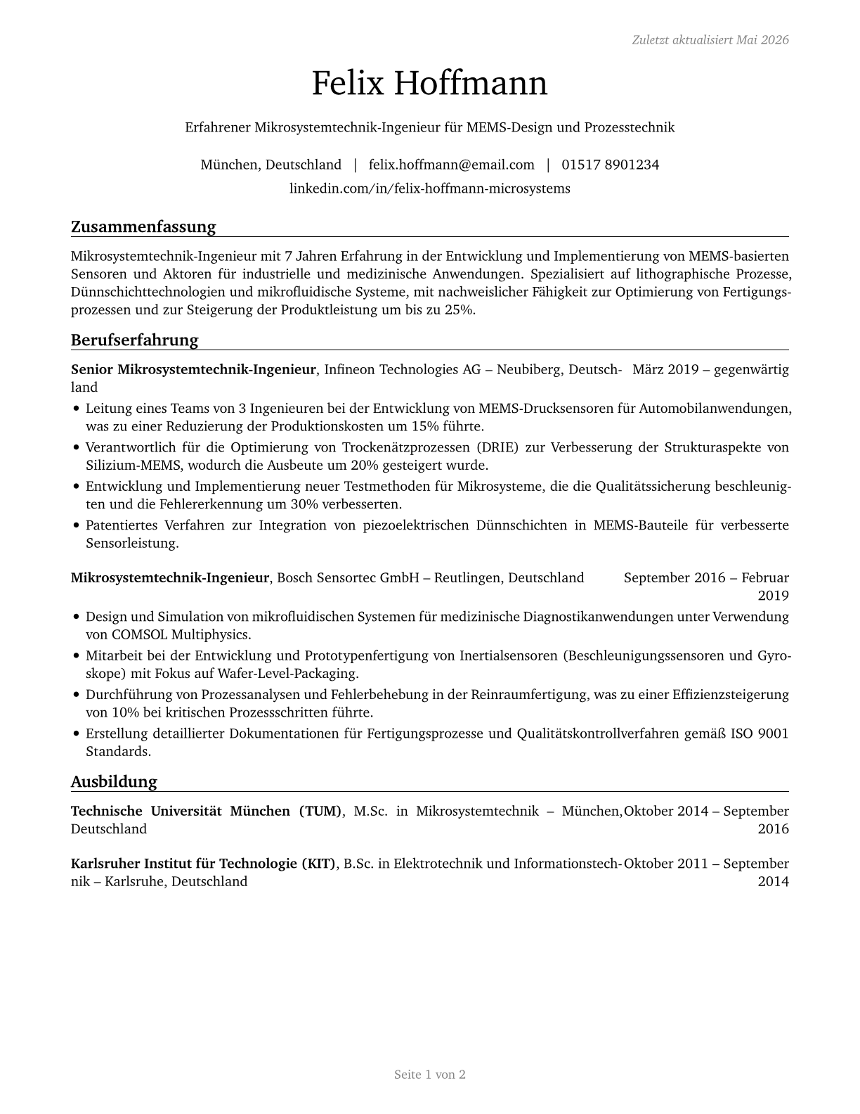 Microsystems Engineers CV in German — page 1