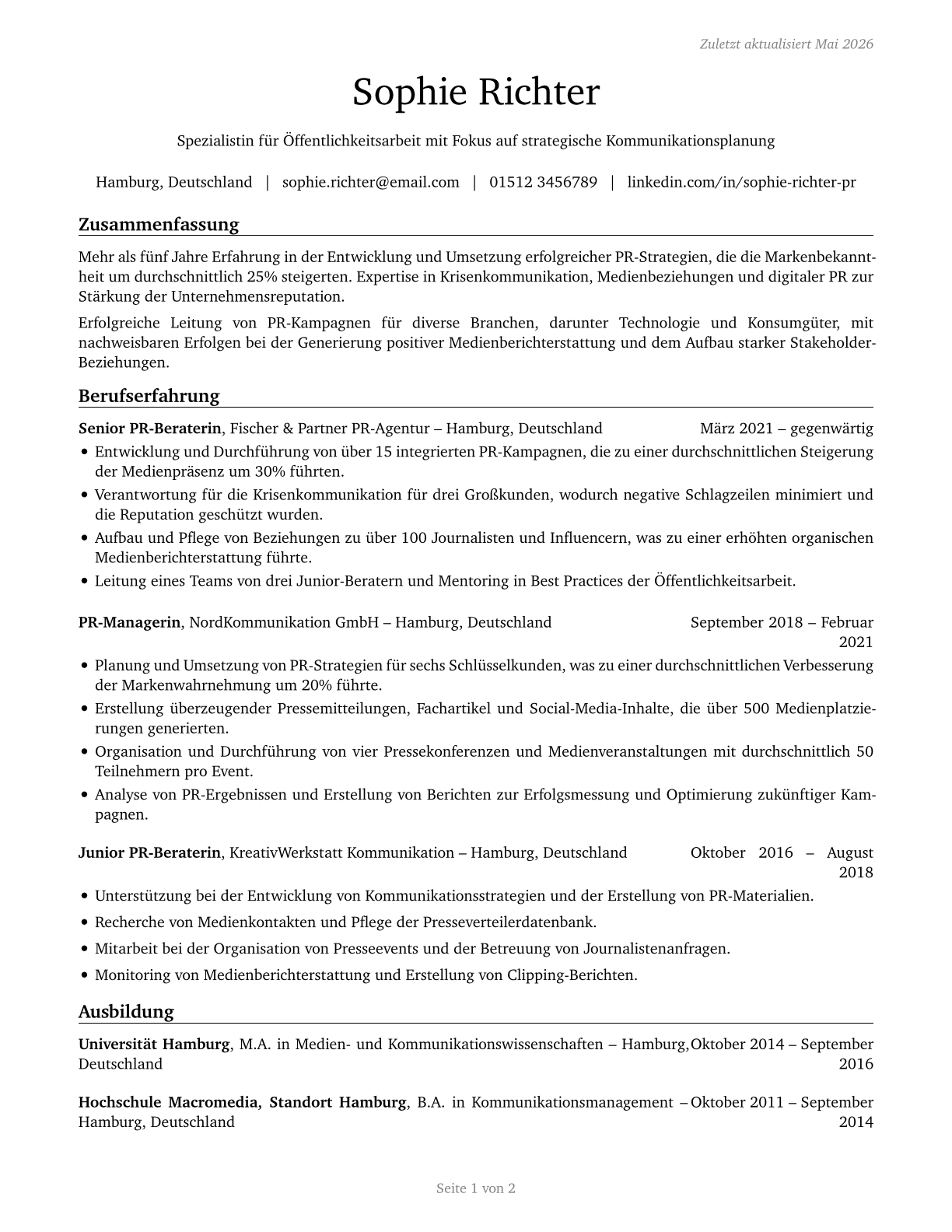 Public Relations Specialists CV in German — page 1