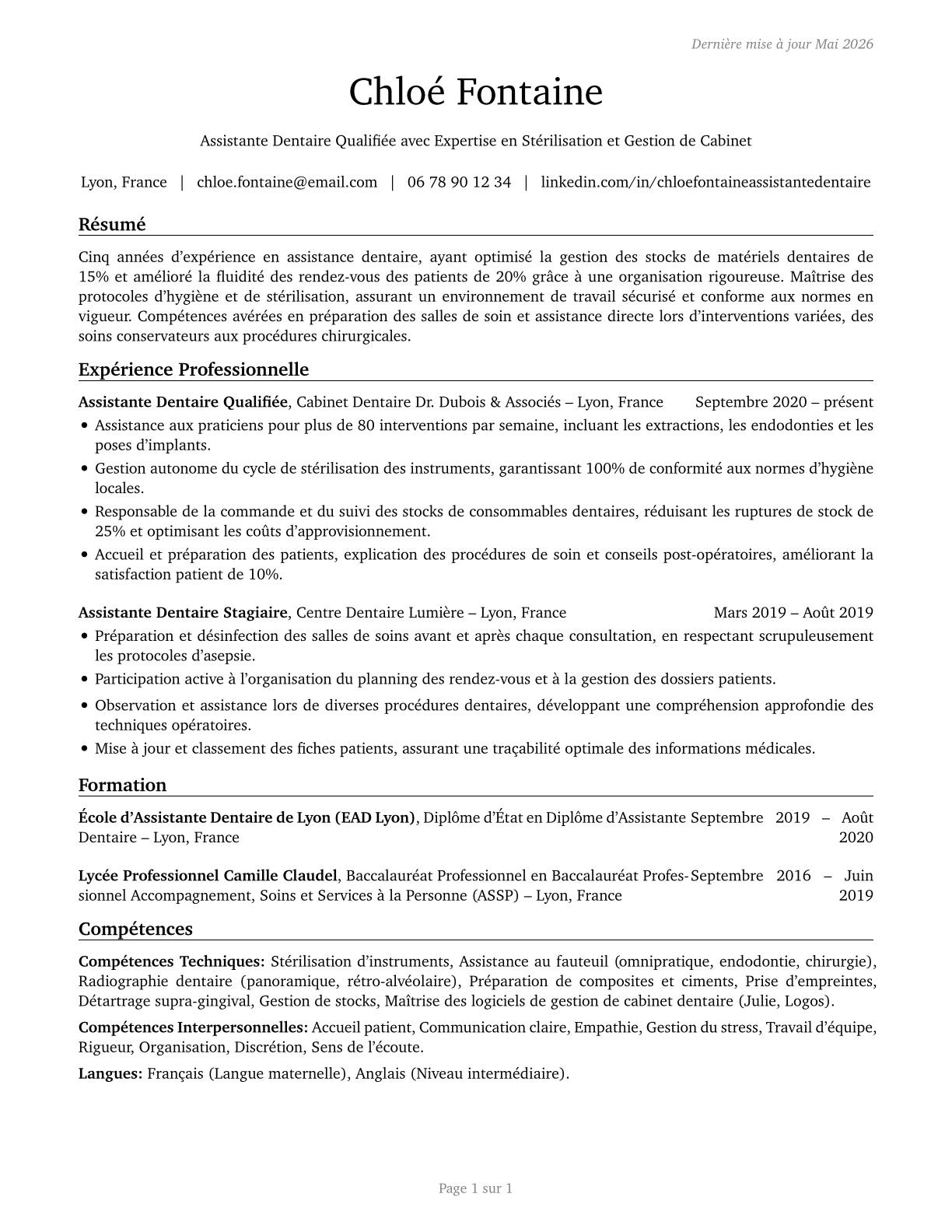 Dental Assistants CV in French — page 1