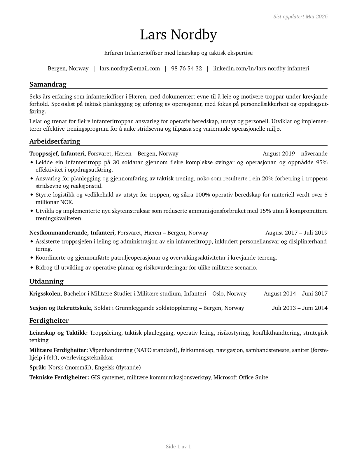 Infantry Officers CV in Norwegian_nynorsk — page 1