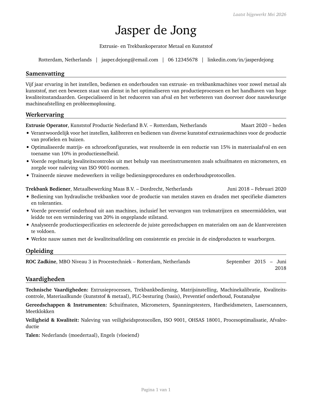 Extruding and Drawing Machine Setters, Operators, and Tenders, Metal and Plastic CV in Dutch — page 1