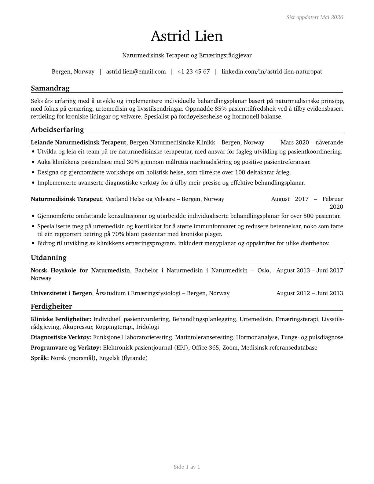 Naturopathic Physicians CV in Norwegian_nynorsk — page 1