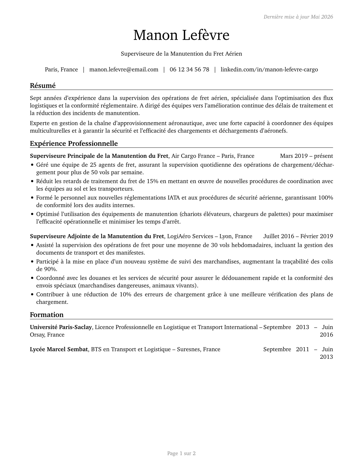 Aircraft Cargo Handling Supervisors CV in French — page 1