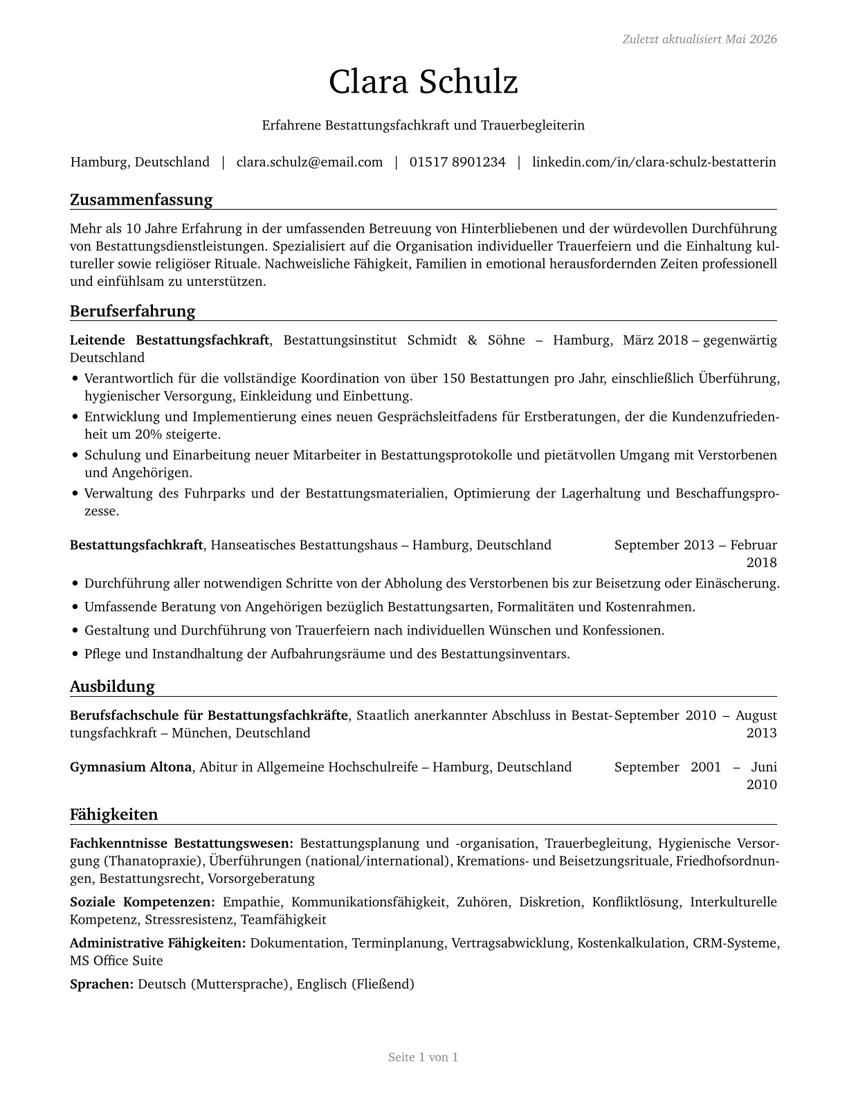 Morticians, Undertakers, and Funeral Arrangers CV in German — page 1