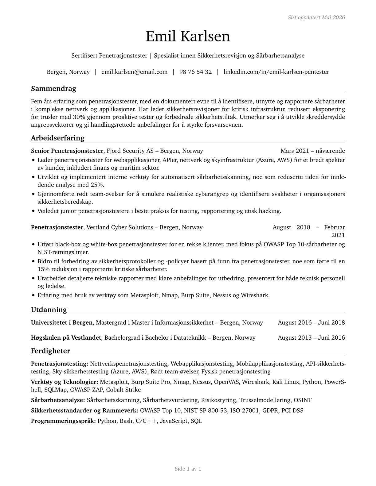 Penetration Testers CV in Norwegian_bokmal — page 1