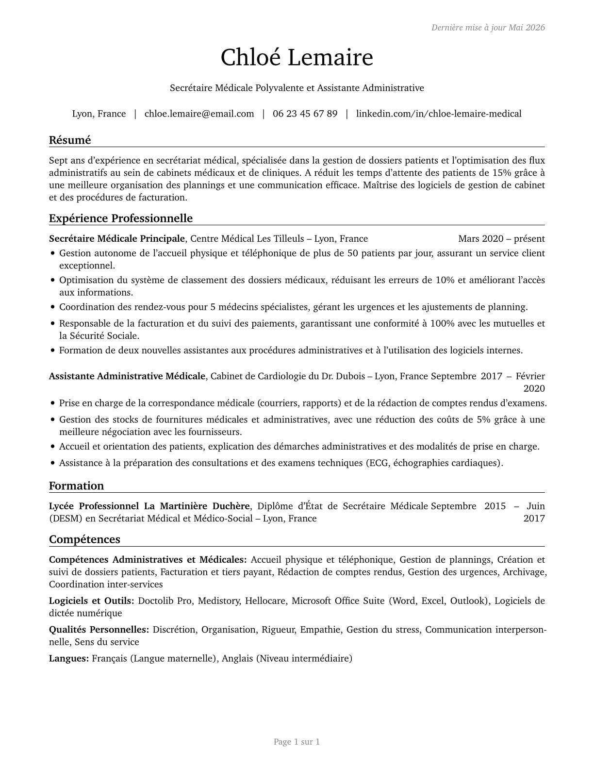 Medical Secretaries and Administrative Assistants CV in French — page 1