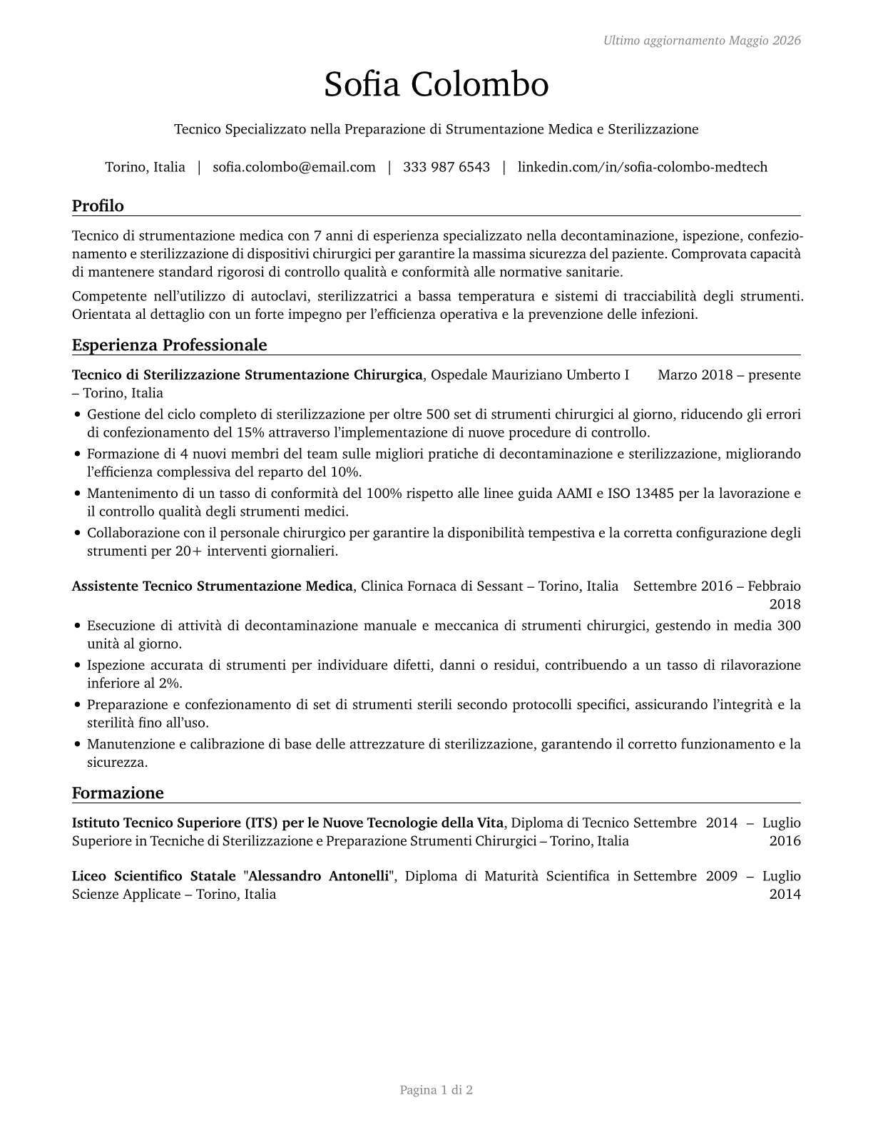 Medical Equipment Preparers CV in Italian — page 1