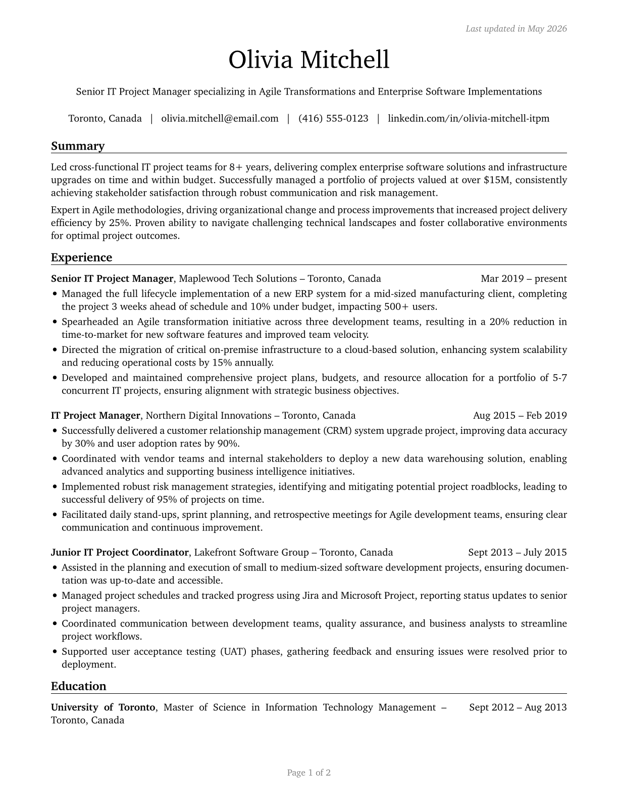Information Technology Project Managers CV in English — page 1