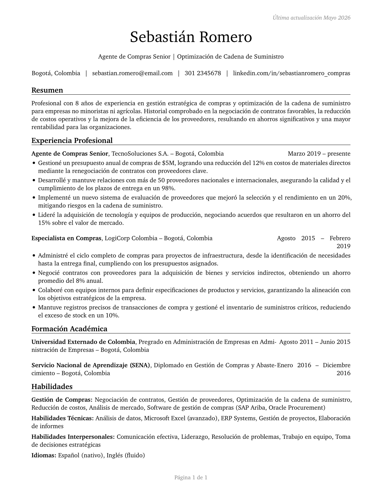 Purchasing Agents, Except Wholesale, Retail, and Farm Products CV in Spanish — page 1