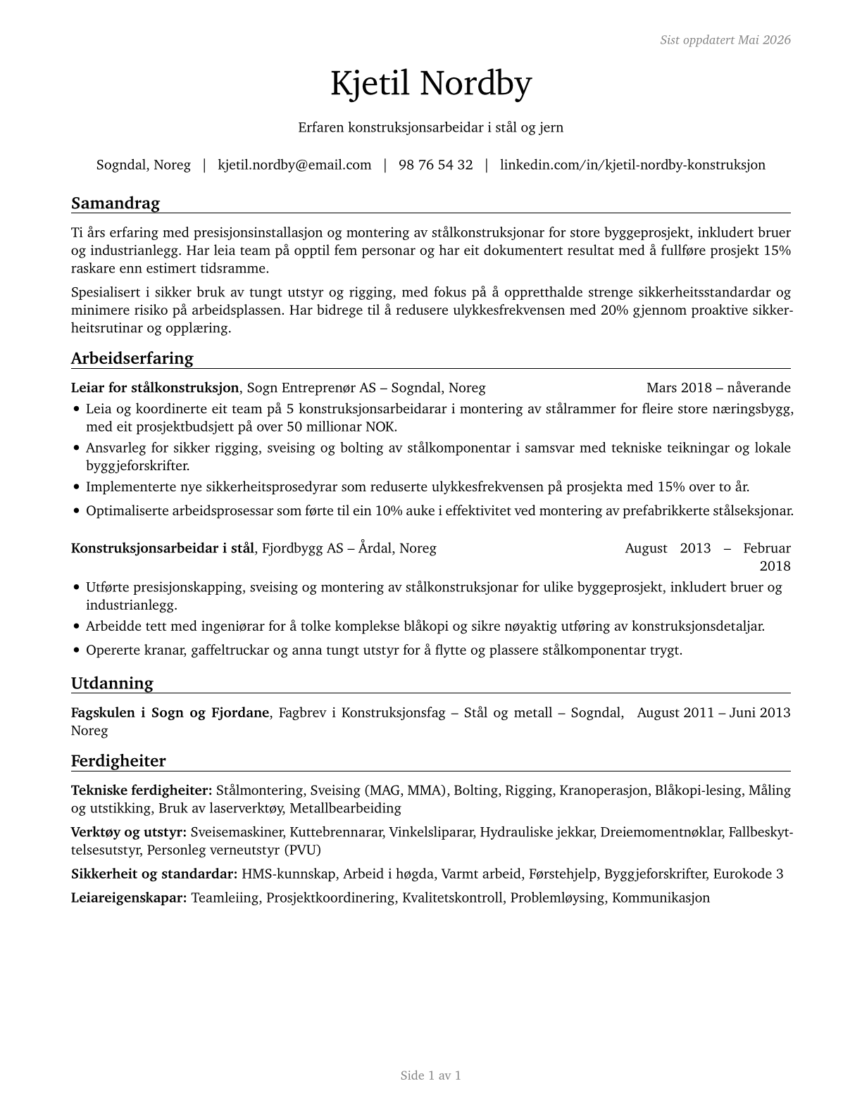 Structural Iron and Steel Workers CV in Norwegian_nynorsk — page 1