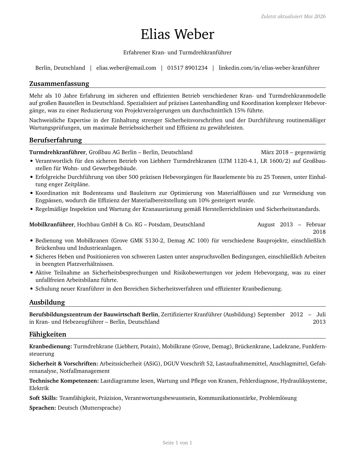 Crane and Tower Operators CV in German — page 1