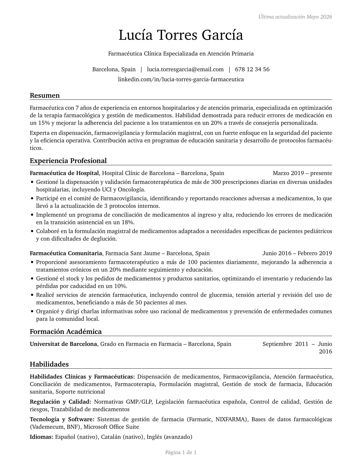 Pharmacists CV in Spanish — page 1