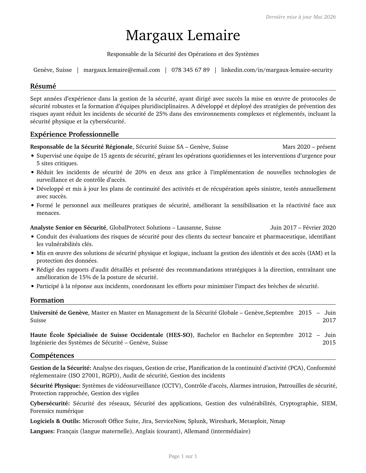 Security Managers CV in French — page 1