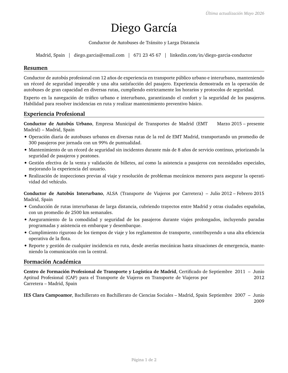 Bus Drivers, Transit and Intercity CV in Spanish — page 1