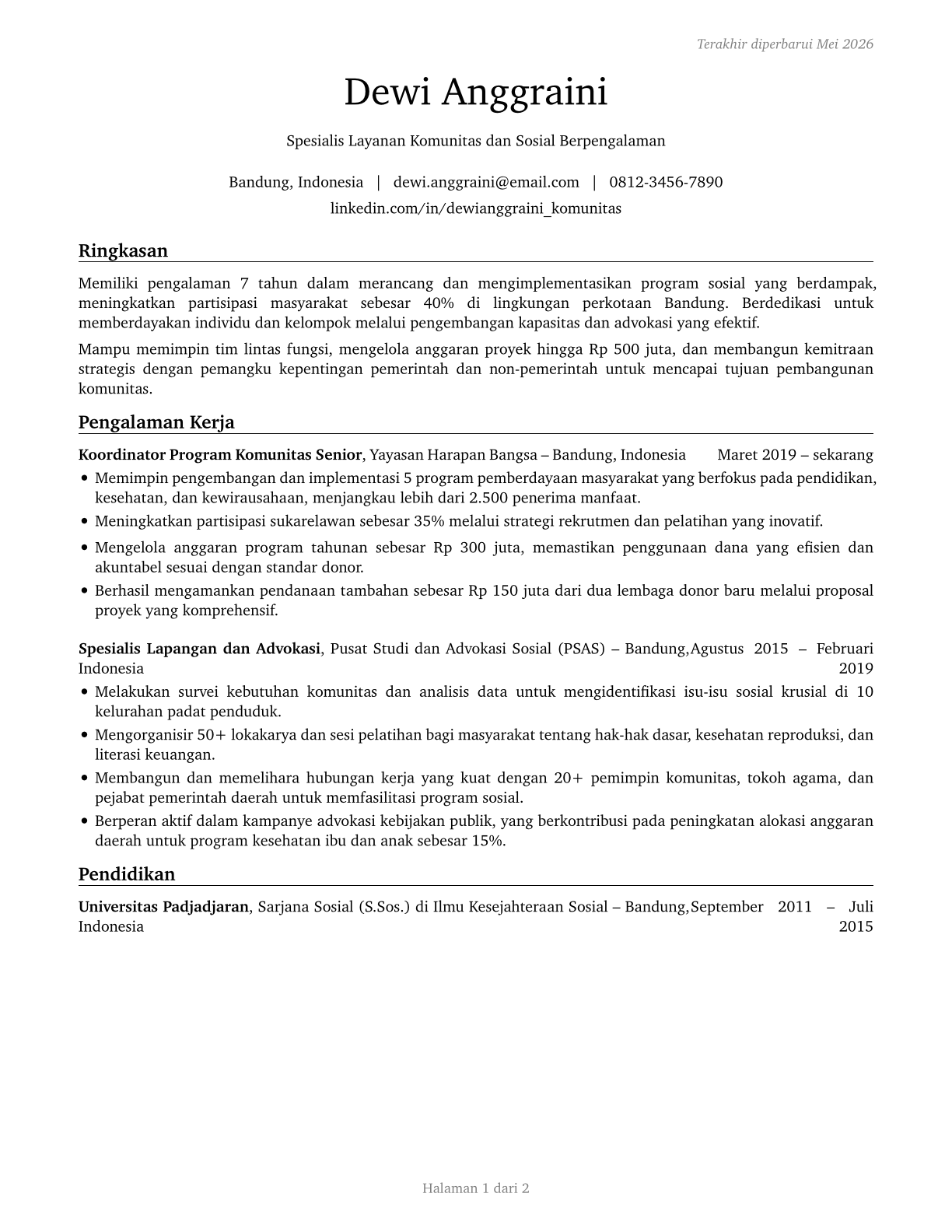Community and Social Service Specialists, All Other CV in Indonesian — page 1