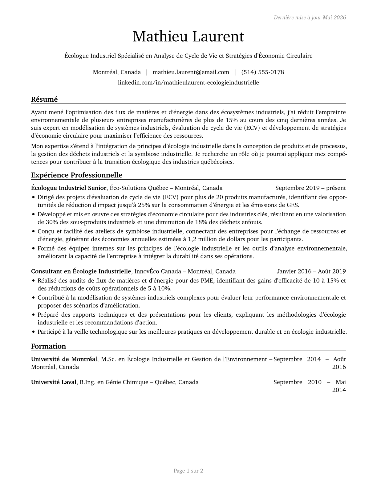 Industrial Ecologists CV in French — page 1