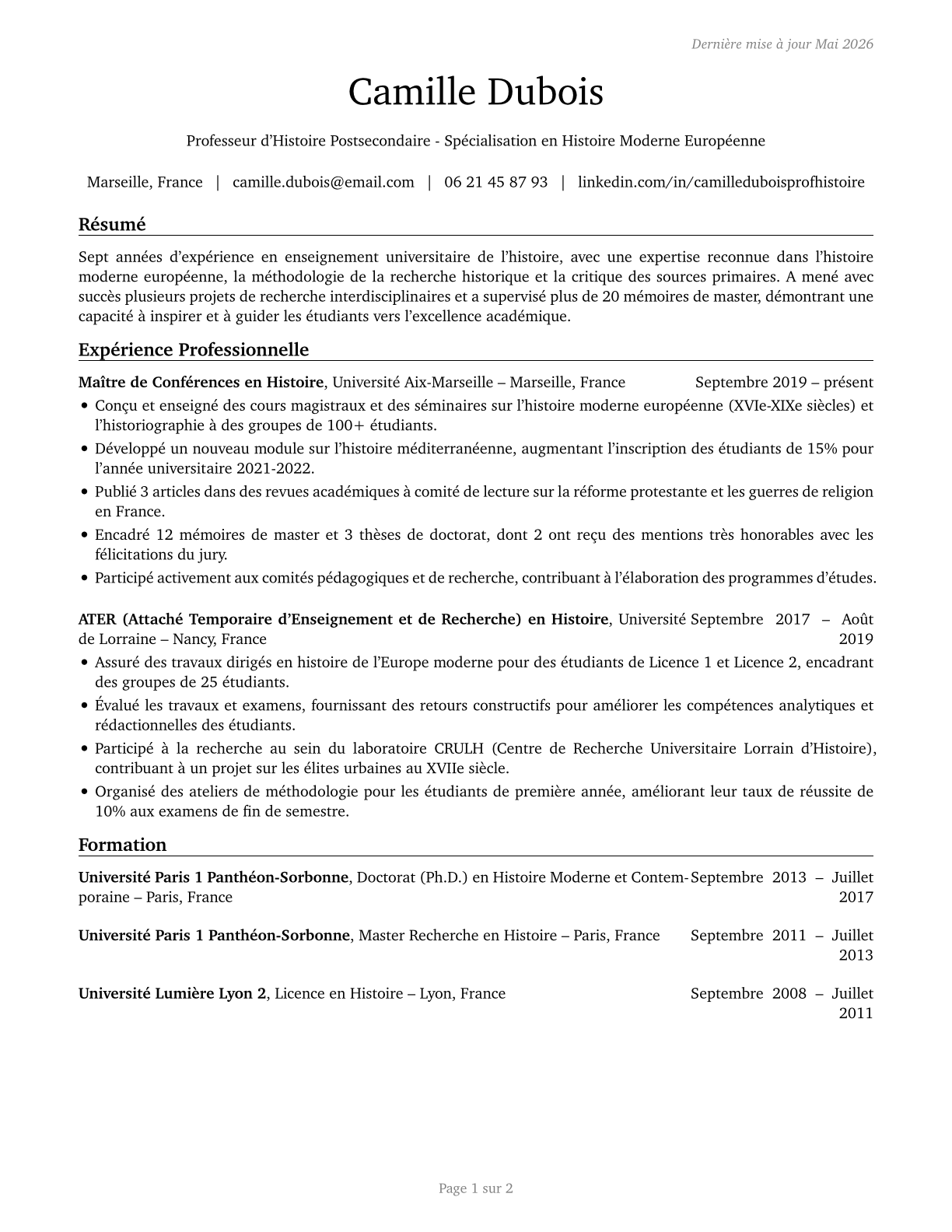 History Teachers, Postsecondary CV in French — page 1