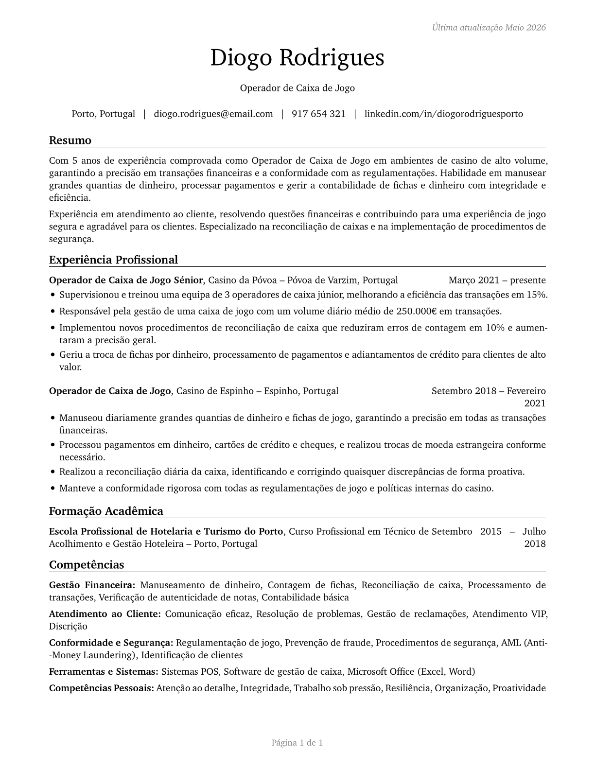 Gambling Cage Workers CV in Portuguese — page 1