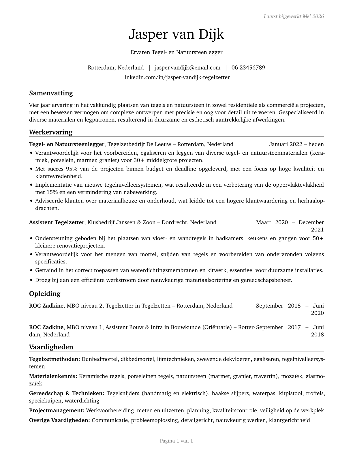 Tile and Stone Setters CV in Dutch — page 1