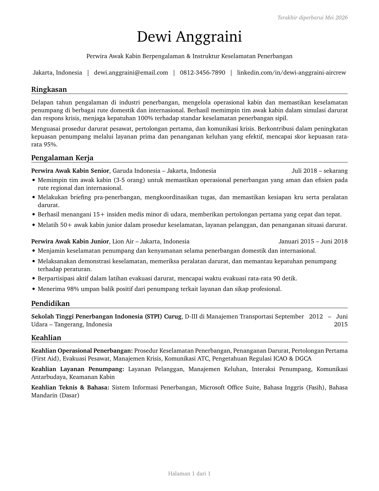 Air Crew Officers CV in Indonesian — page 1
