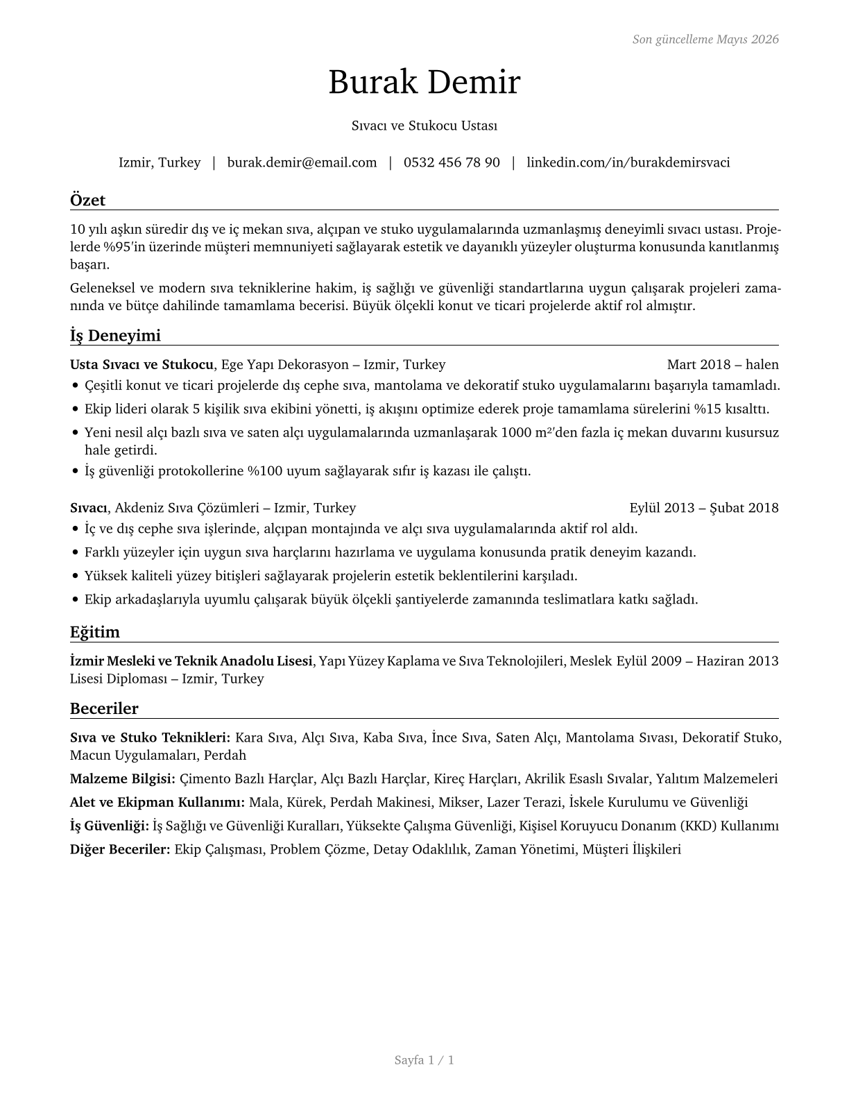 Plasterers and Stucco Masons CV in Turkish — page 1