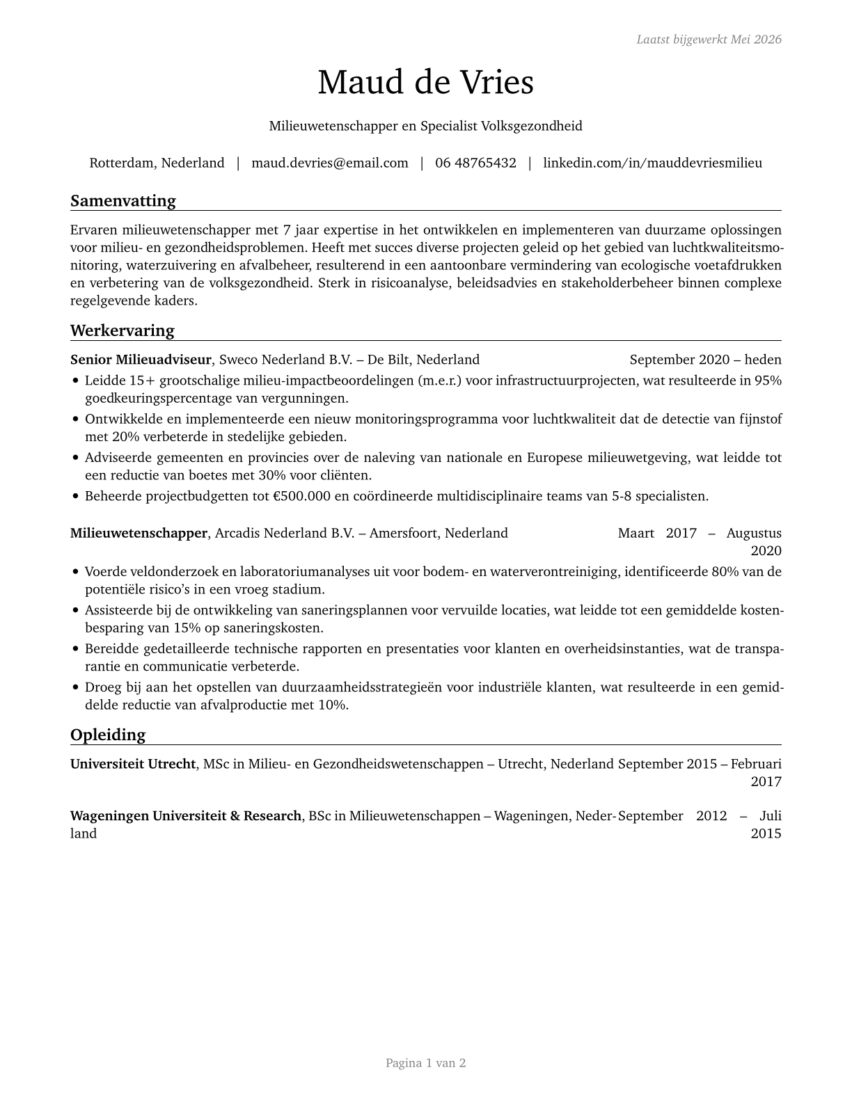 Environmental Scientists and Specialists, Including Health CV in Dutch — page 1