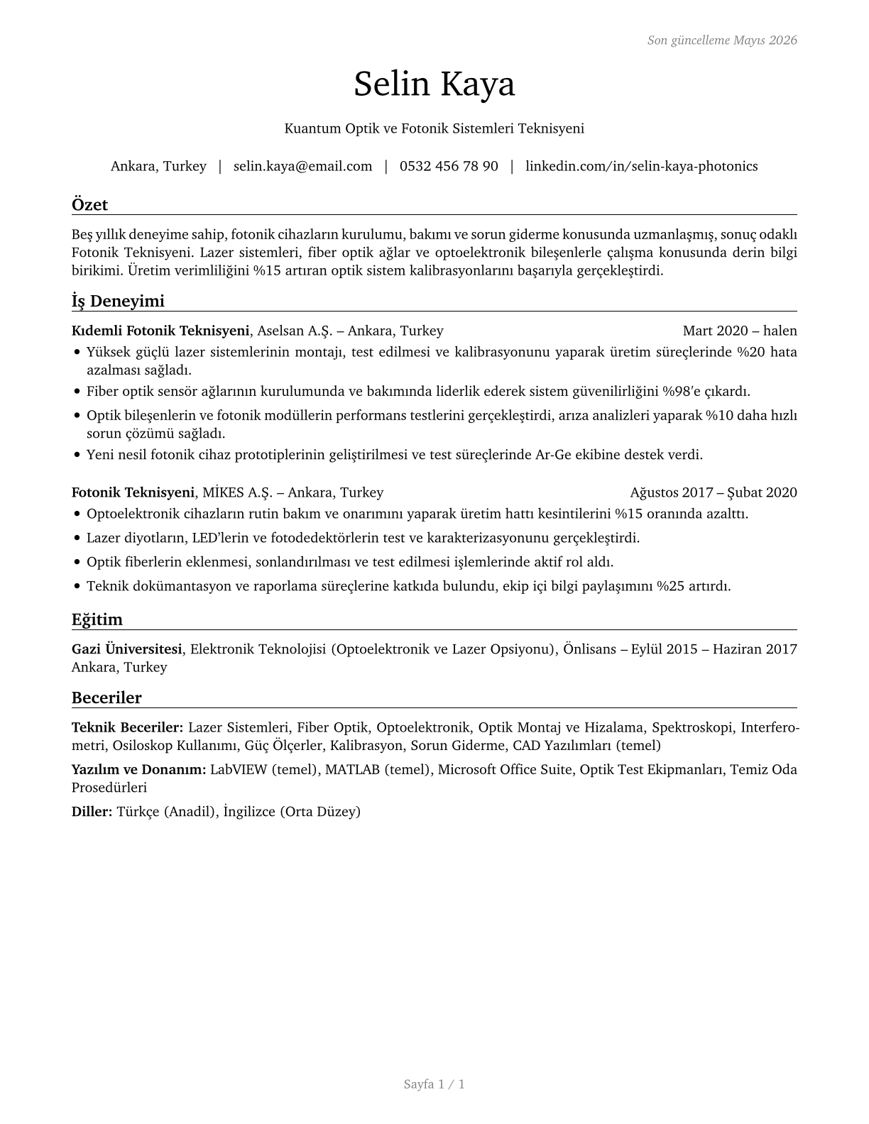 Photonics Technicians CV in Turkish — page 1