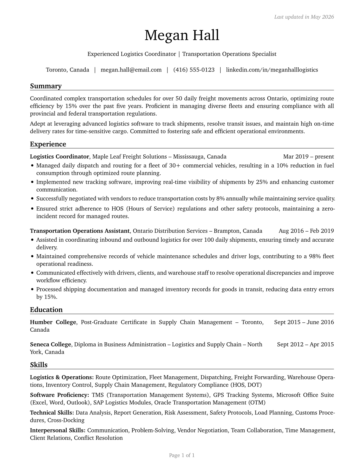 Transportation Workers, All Other CV in English — page 1