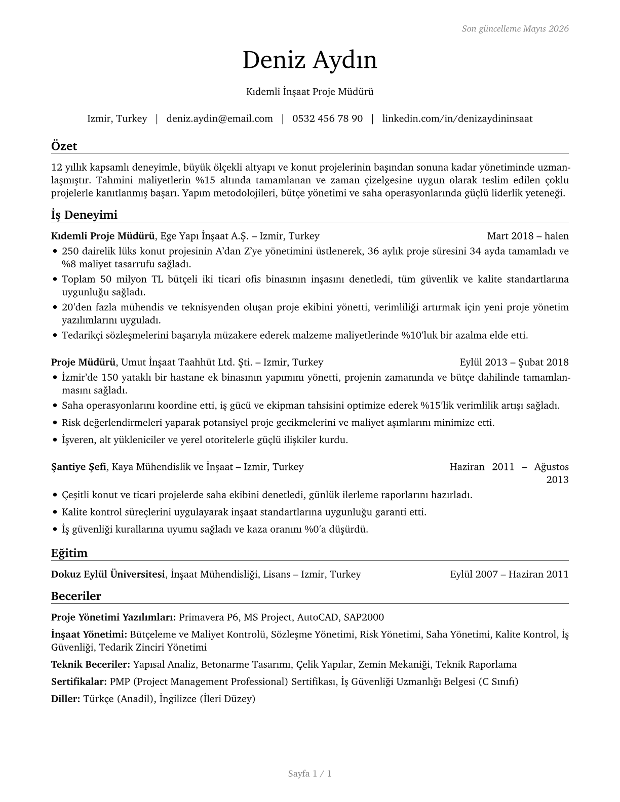 Construction Managers CV in Turkish — page 1