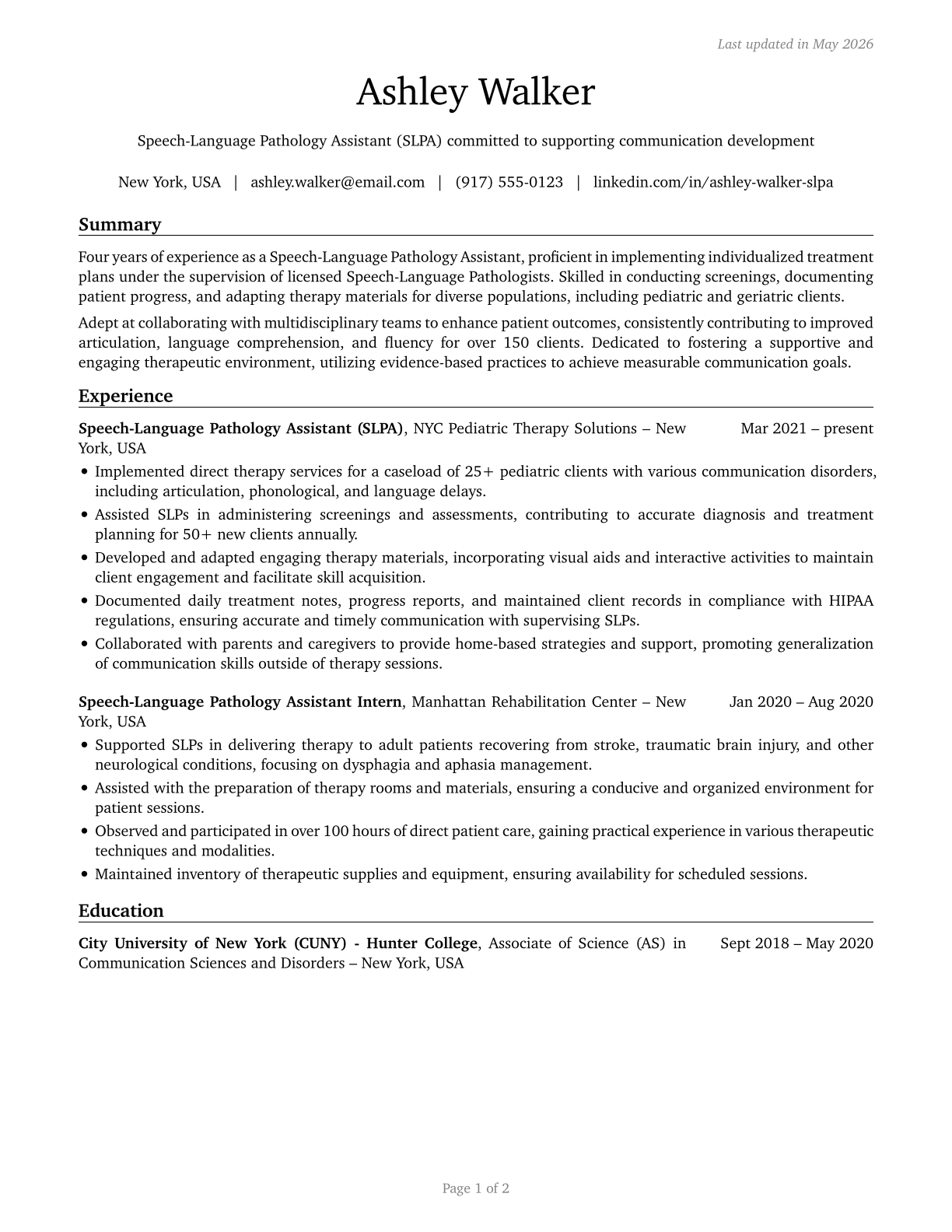 Speech-Language Pathology Assistants CV in English — page 1