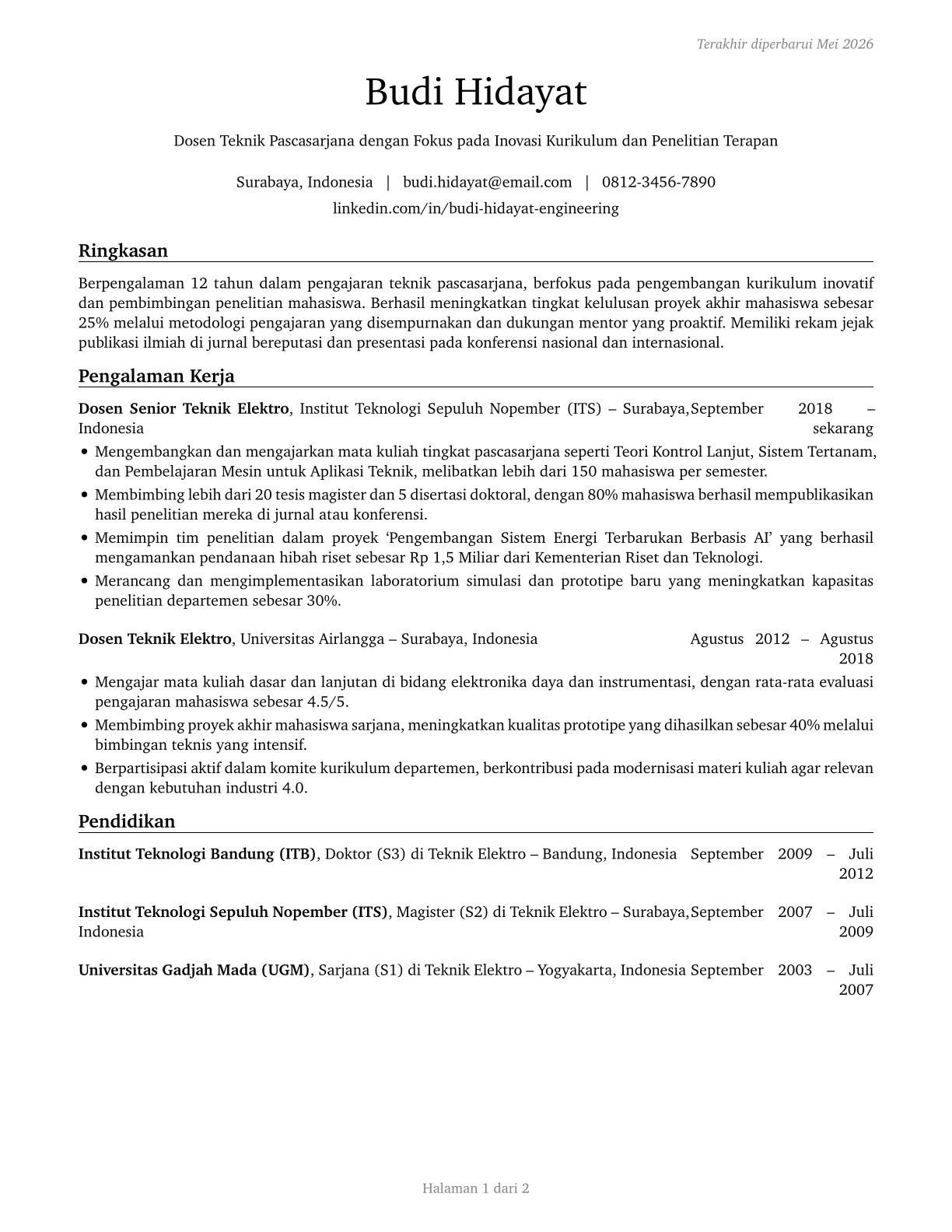 Engineering Teachers, Postsecondary CV in Indonesian — page 1