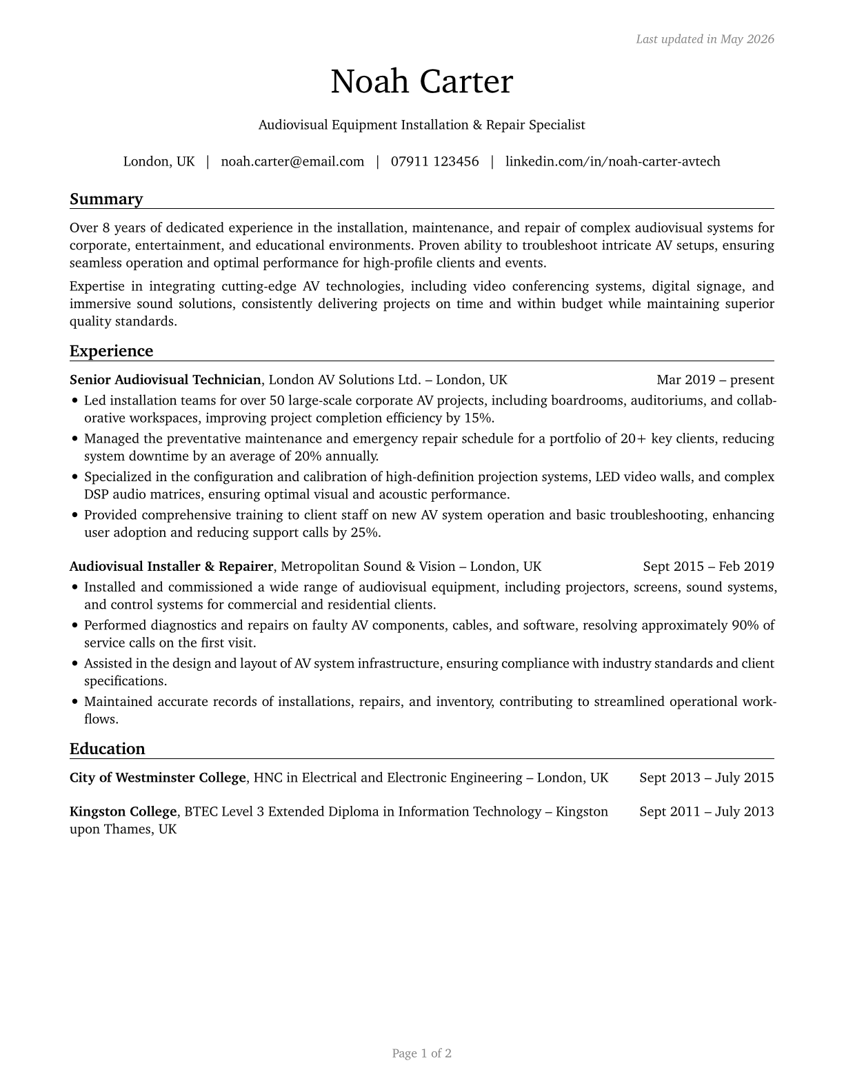 Audiovisual Equipment Installers and Repairers CV in English — page 1