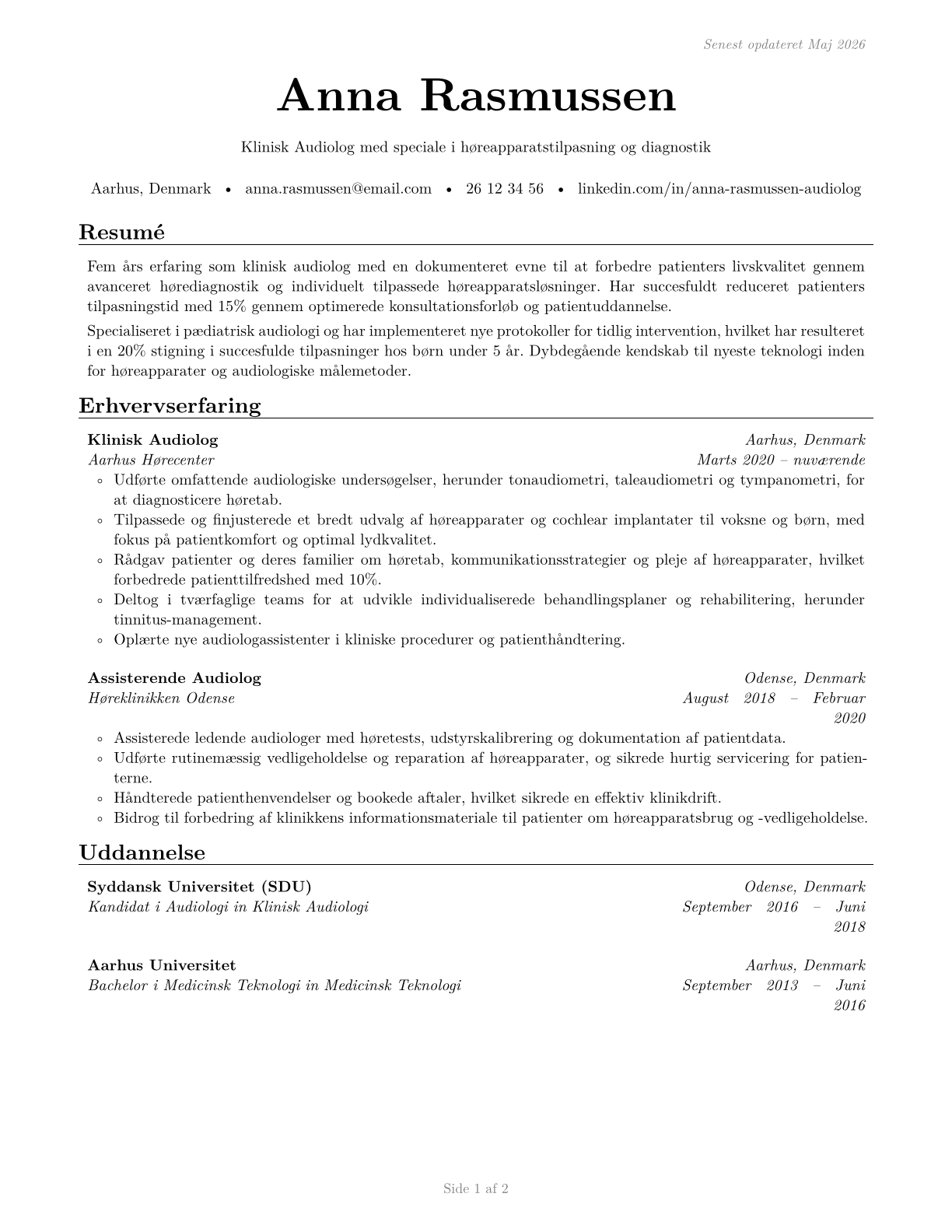 Audiologists CV in Danish — page 1