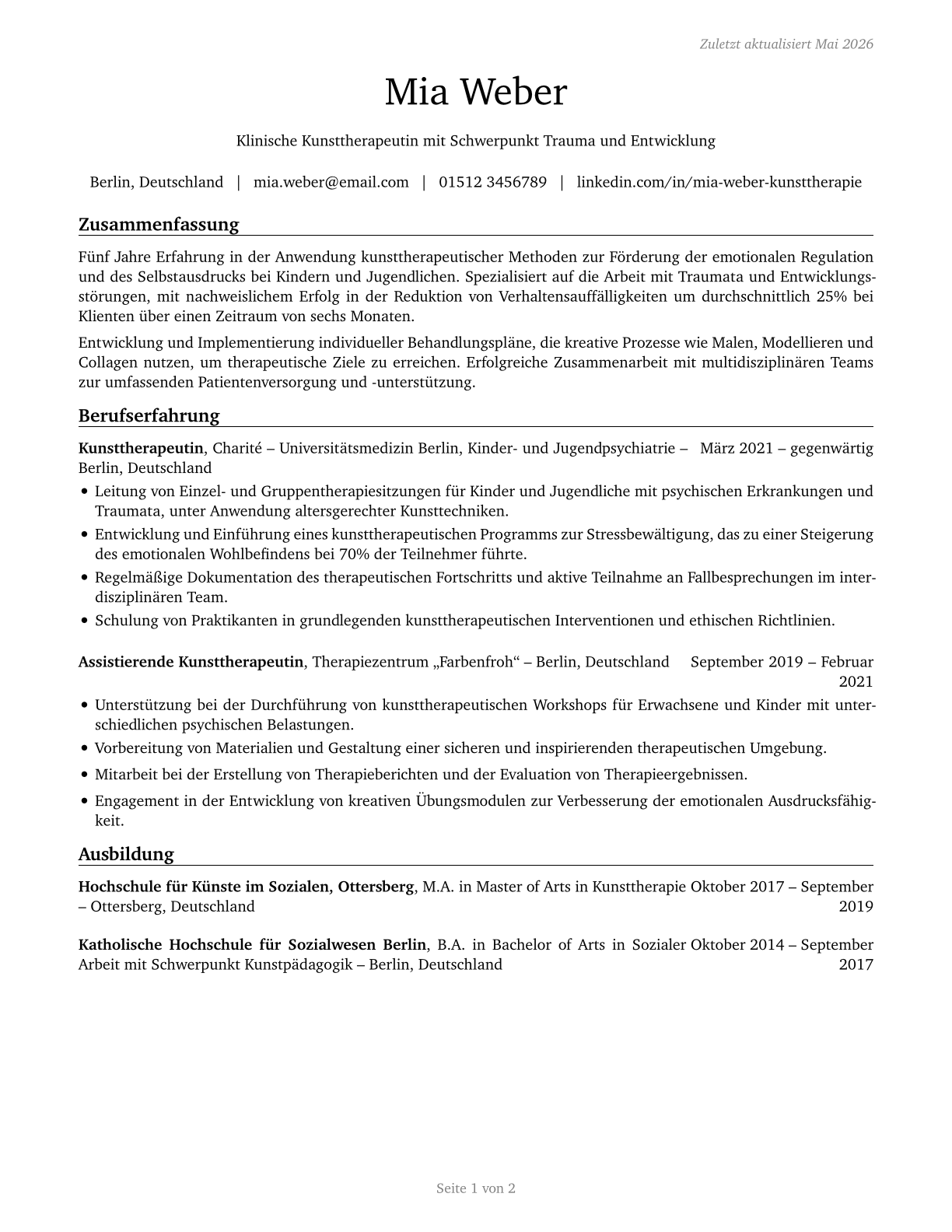 Art Therapists CV in German — page 1