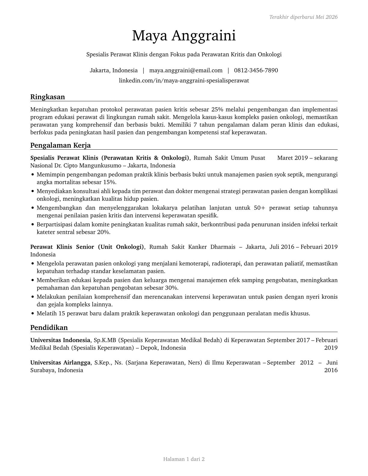 Clinical Nurse Specialists CV in Indonesian — page 1