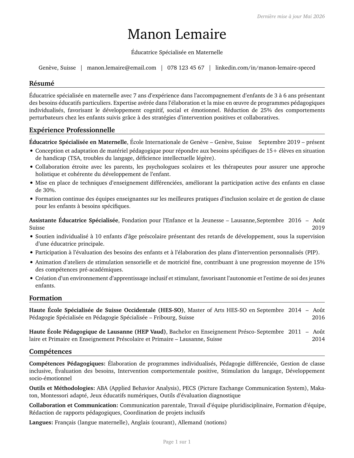 Special Education Teachers, Kindergarten CV in French — page 1