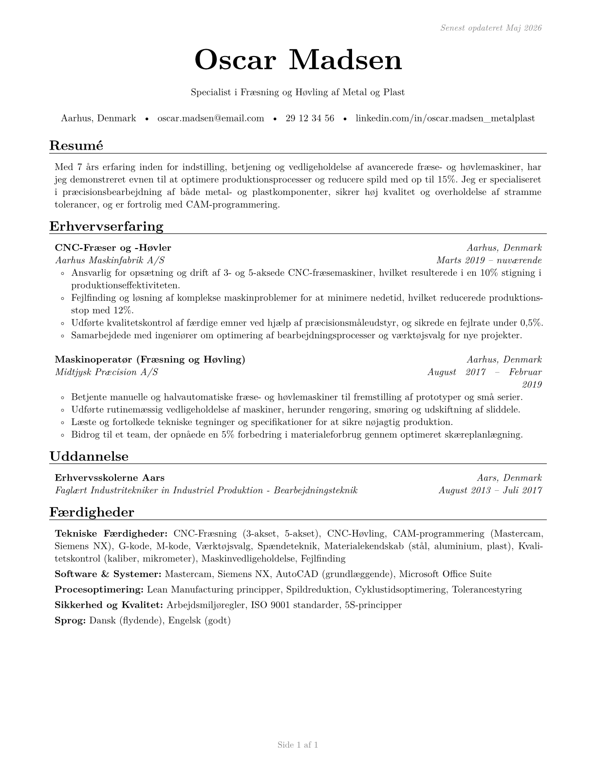 Milling and Planing Machine Setters, Operators, and Tenders, Metal and Plastic CV in Danish — page 1