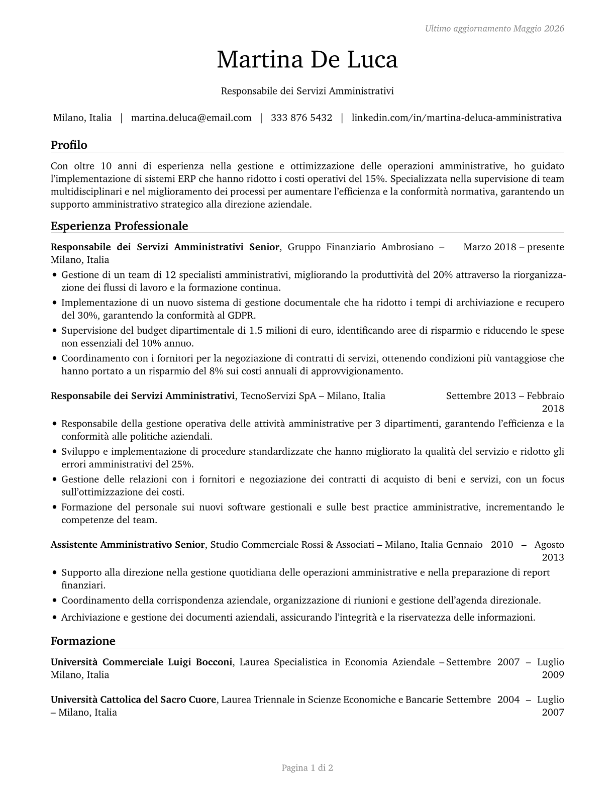 Administrative Services Managers CV in Italian — page 1