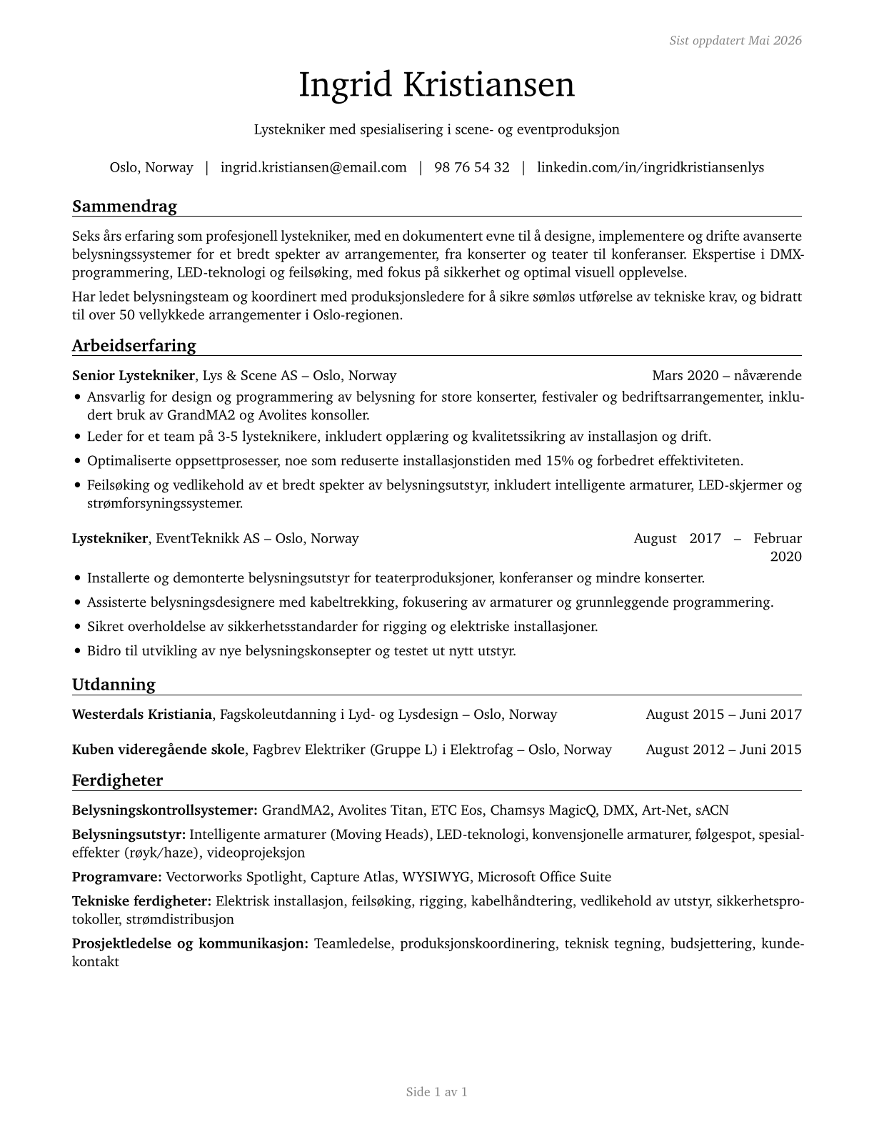 Lighting Technicians CV in Norwegian_bokmal — page 1
