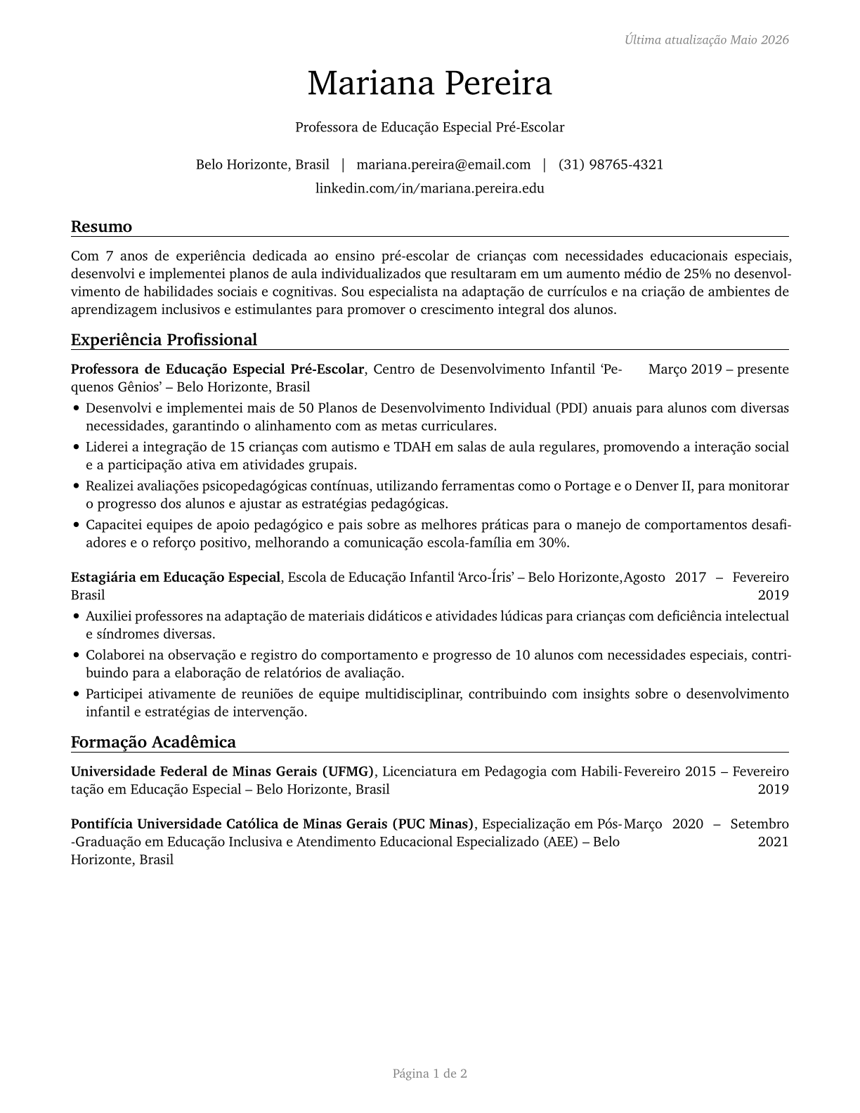Special Education Teachers, Preschool CV in Portuguese — page 1