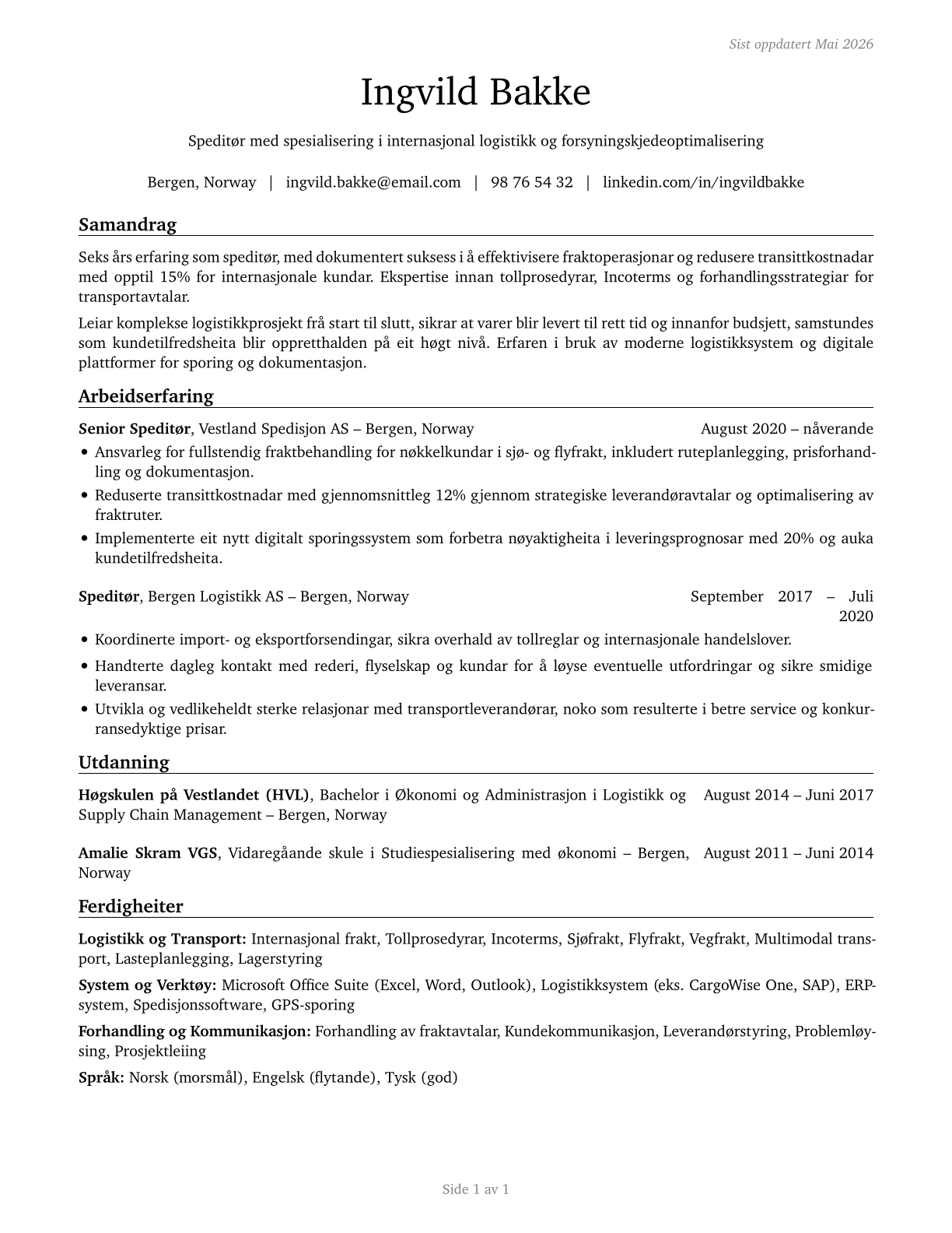Freight Forwarders CV in Norwegian_nynorsk — page 1