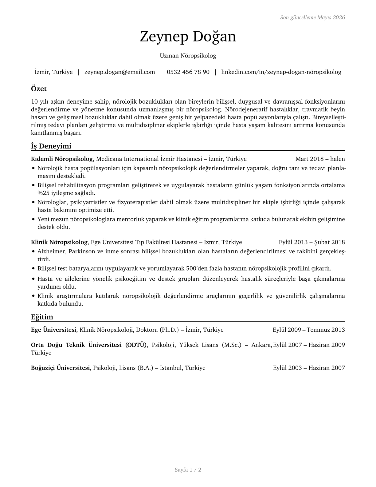 Neuropsychologists CV in Turkish — page 1