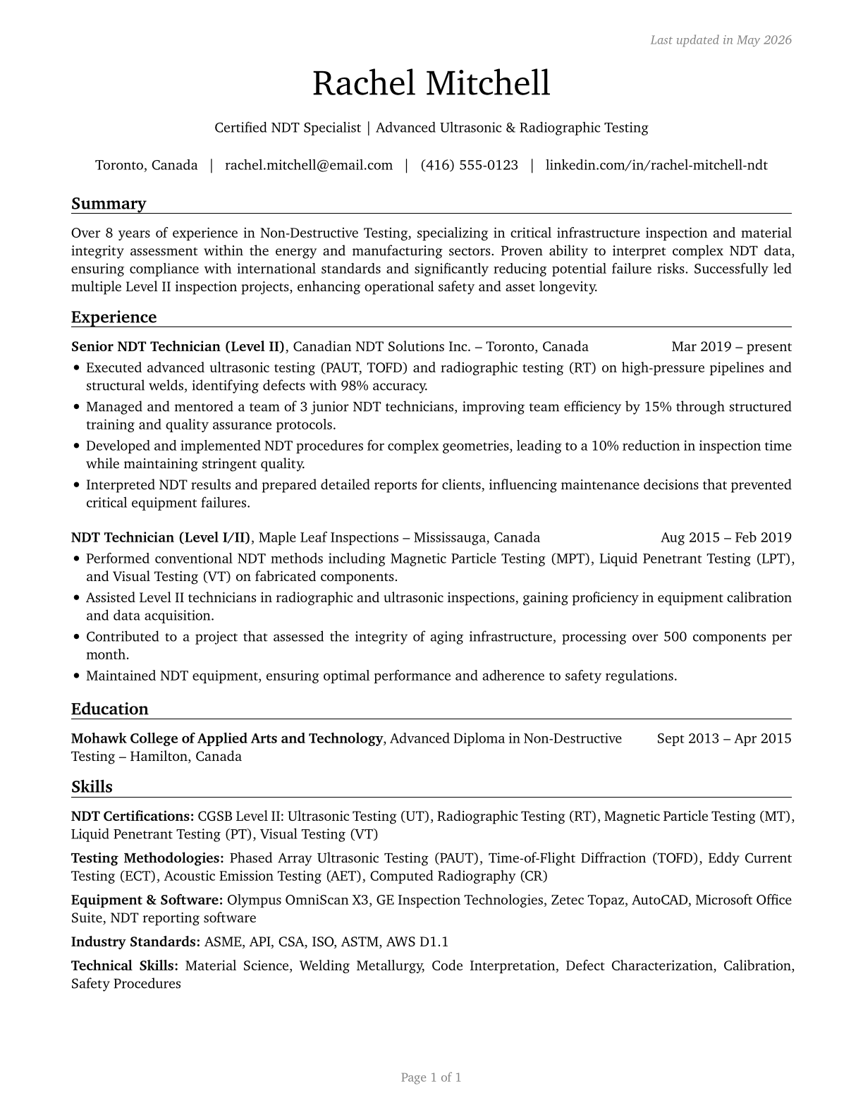 Non-Destructive Testing Specialists CV in English — page 1