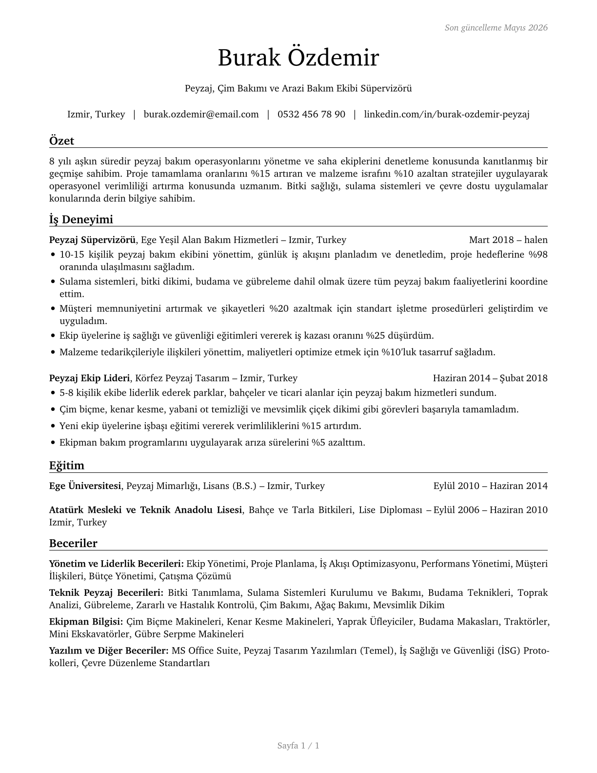 First-Line Supervisors of Landscaping, Lawn Service, and Groundskeeping Workers CV in Turkish — page 1